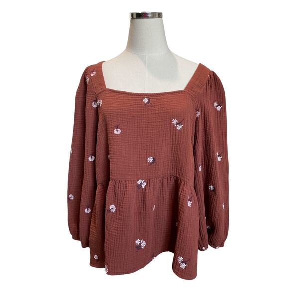 Madewell Amie Floral Embroidered Lightspun Millbrook Puff-Sleeve Peplum Top LG - Picture 9 of 11